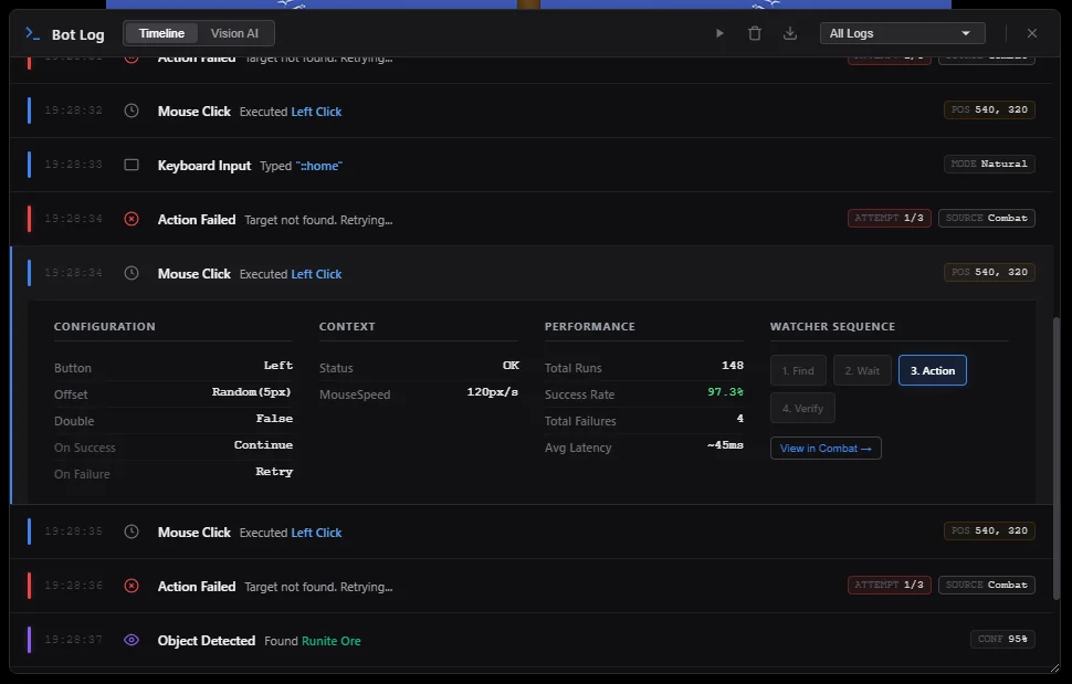 Obvra debugging panel and bot logs