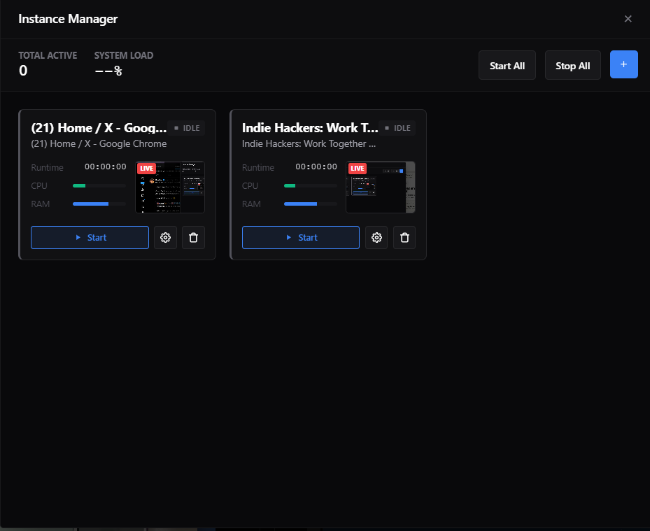Obvra instance manager showing multiple clients