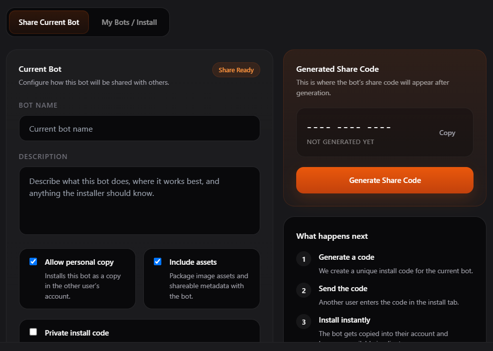 Obvra bot sharing and install code generator