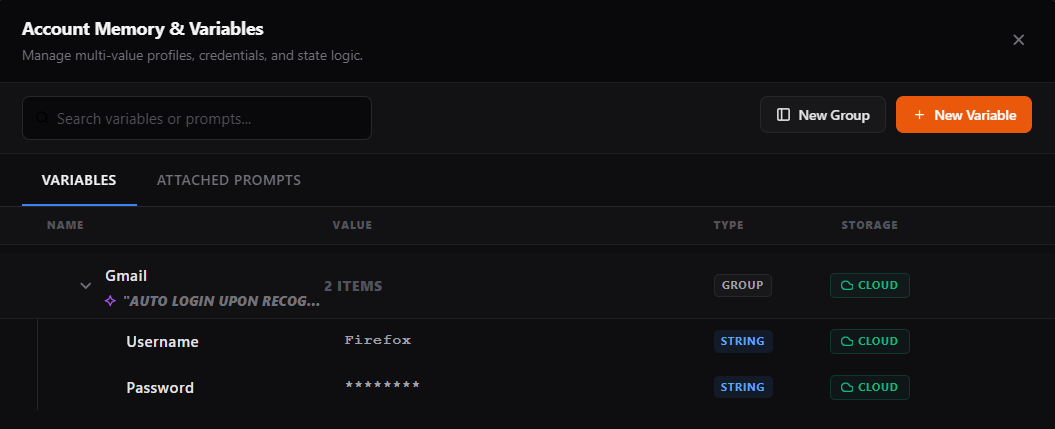 Obvra account memory and variables manager